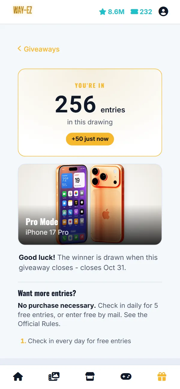 WAY-EZ in the app: the same giveaway, just entered with 50