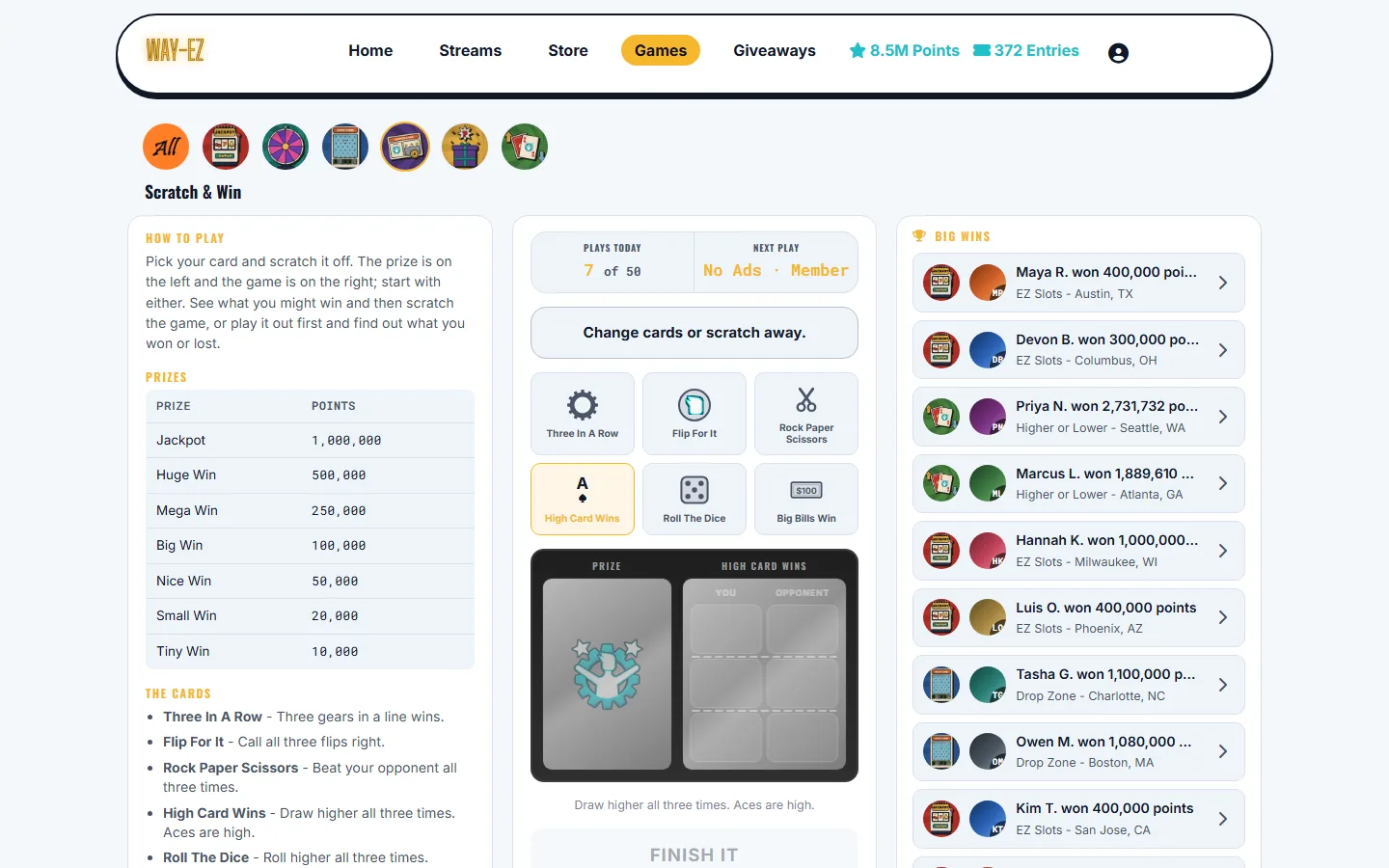 WAY-EZ's website: Scratch & Win