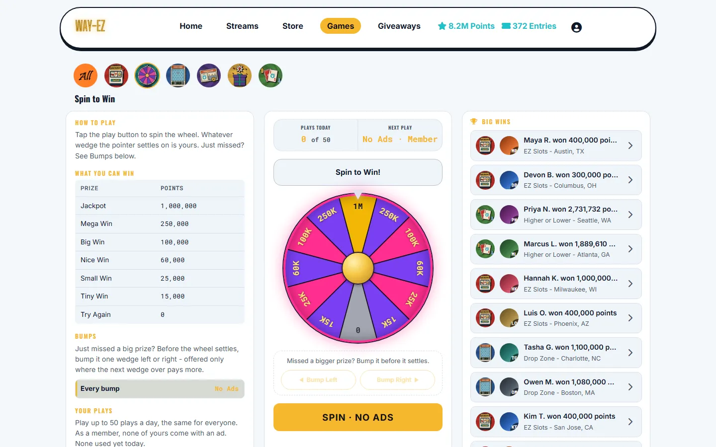 WAY-EZ's website: Spin to Win