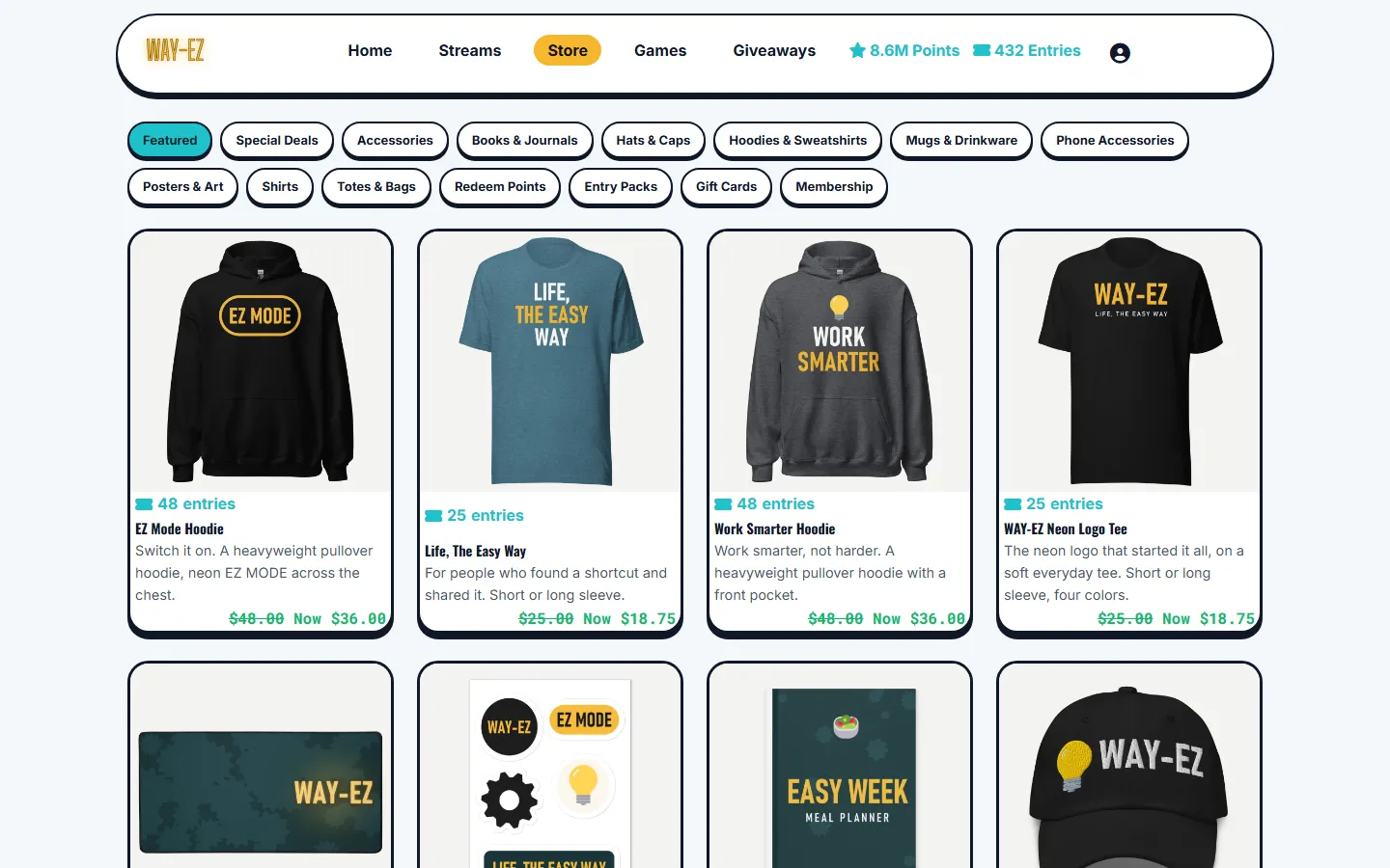WAY-EZ's website: the store, with the entries each item earns